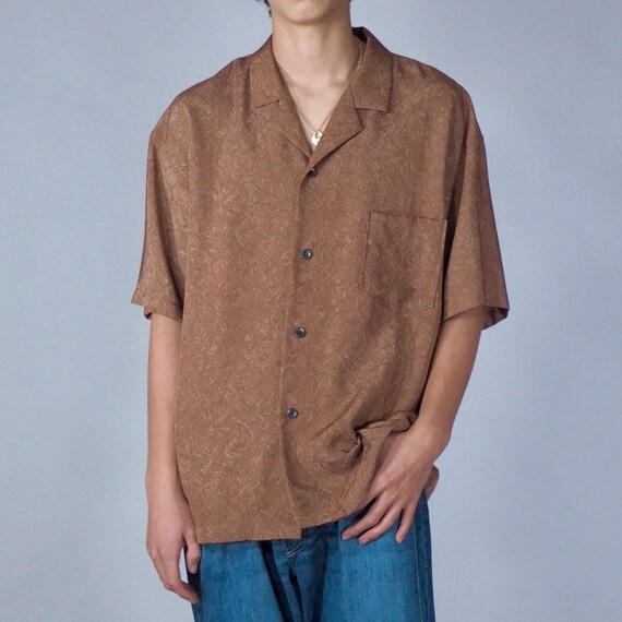 Japanese vintage Kimono remake shirt men s L upcycle silk Kimono shirt cinnamon brown half sleeve shirt Japan made sustainable clothing