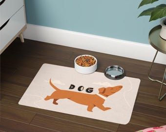 Brown Dachshund Illustration Dog Pet Food Mat | 12x18