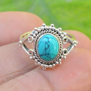 925 Sterling zilveren ring, blauwe turquoise ring, ovale turquoise ring handgemaakte edelstenen ring voor cadeau, designer sieraden, Boho ring minimalistisch