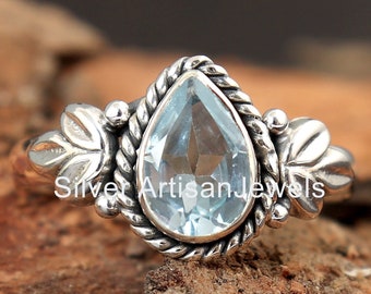 Natural Blue Topaz Ring-Handmade Silver Ring-925 Sterling Silver Ring-Teardrop Blue Topaz Ring-Gift for her-December Birthstone-Promise Ring