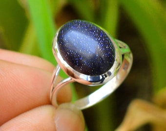 Blue Goldstone Ring: Oval Gemstone, 925 Sterling Silver