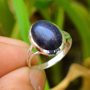 Blue Gold Stone Ring, 925 Sterling Silver, Blue Goldstone 12X16 MM Oval Gemstone Ring, Silver Ring, Blue Sunstone Ring, Unisex Ring Gifts