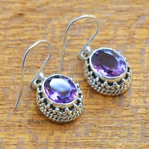 Natural Purple Amethyst Earrings, Oval Amethyst Earring, 925 Sterling Silver Earrings, Women's Earrings, Gemstone Earring,Handmade Earring