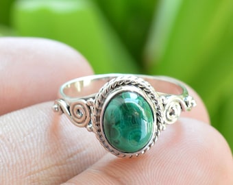 Handmade Oval Malachite Ring: 925 Sterling Silver Statement Ring