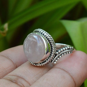 Handmade Sterling Silver Rose Quartz Ring: Round Boho Unisex Ring