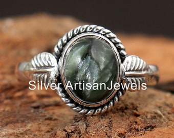 Best Quality Green Seraphinite Ring, Natural Gemstone Ring, Seraphinite Jewelry , Women Rings, Sterling Silver Ring, Organic Ring, Gift Ring