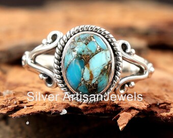 Natural Copper Turquoise Ring, Blue Turquoise Ring, 925 Silver Ring, Handmade Ring, Oval Gemstone Ring, Women's Ring, copper ring