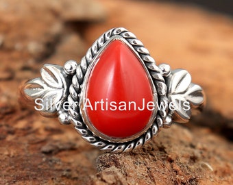 Red Coral Ring: Sterling Silver Leaf Design, Handmade Solitaire