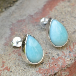 Natural Larimar Pear Earring, Gemstone Stud Earring, 925 Sterling Silver Earring, Handmade Women Earring, Daily Wear earring jewelry Silver