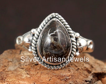 Bague Turritella / Bague en argent sterling/ Bague en pierres précieuses poire 10x10 mm/ Bague en pierres précieuses naturelles/ Bague faite à la main/Cadeau de la Saint-Valentin/ Bague de promesse