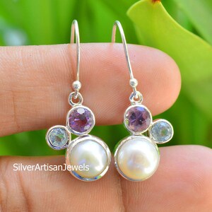 Natural Fresh Water Pearl Earring, Topaz Earring,925 Sterling silver Earring, Amethyst Earring, Unique Earring,Women Earring,Shell Jewelry