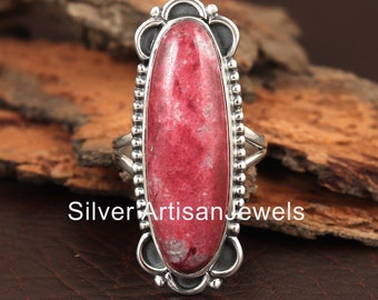 Natural Big Stone Ring , Pink Thulite Ring, 925 Silver Ring ,925 Sterling ring, Long Oval Shape Ring, Handmade Silver , Women RingJewelry