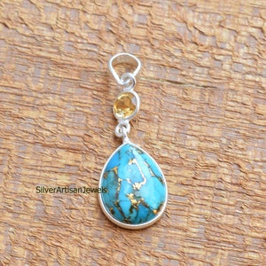 Natural Blue Turquoise Pendant, 925 Sterling Silver, Copper Turquoise Necklace Pendant, Citrine Pendant , Citrine Pendant,