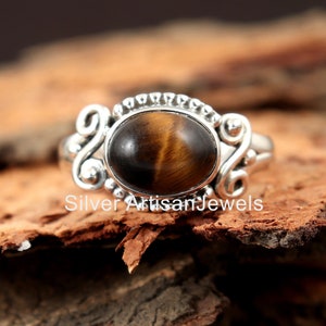 Sterling Silver Tiger's Eye Ring: Oval Gemstone, Boho Statement Jewelry