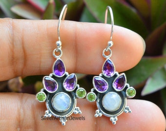 アメジストペリドットスターリングシルバーダングルイヤリング：ビッグ