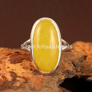 Natural Jade Ring / Yellow Jade Rings / Oval Stone Jade Ring / 925 Solid Silver Ring / Solitaire Jade Ring / Birthday Gift For Women Rings
