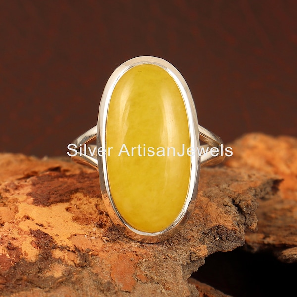 Bague en jade naturel / Bagues en jade jaune / Bague en jade en pierre ovale / Bague en argent massif 925 / Bague en jade solitaire / Cadeau d'anniversaire pour les bagues pour femmes