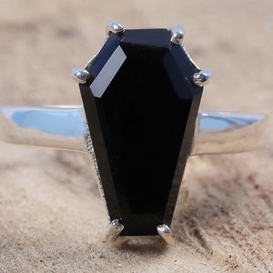 Natural Black Onyx Ring, Coffin Ring, Sterling Silver Ring, 10x17 mm Coffin Ring, Handmade Ring, Prong Ring,Silver Ring, Rings For Girls