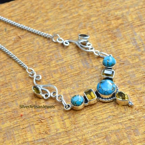 Mix Gemstone Necklace, Natural Copper Turquoise Necklace, 925 Sterling Silver Necklace, Citrine Necklace ,Gemstone Jewelry ,Gift For Her