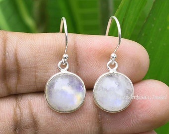 Natural Rainbow Moonstone Earrings, Round Moonstone Earring, 925 Solid Silver, Gemstone Earring, Handmade Earring ,Boho Earring,