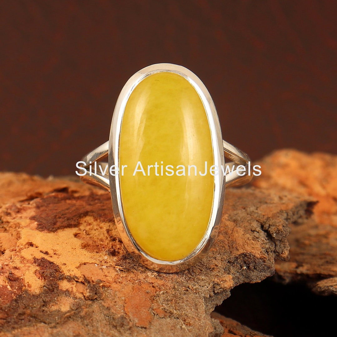 Natural Jade Ring / Yellow Jade Rings / Oval Stone Jade Ring / 925 Solid Silver Ring / Solitaire