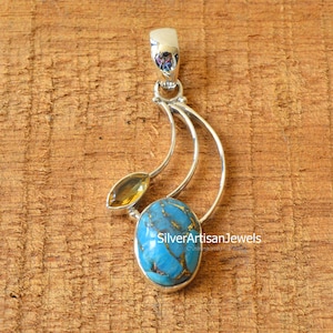 Modern Pendant,Blue Copper Turquoise Pendant,Citrine Necklace, 925 SilverJewelry,Multi Stone Necklace, Birthstone necklace,Gemstone Necklace