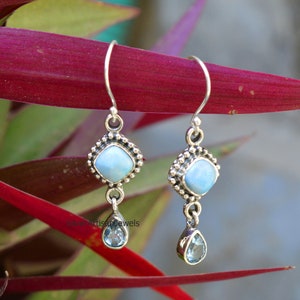 Natural Larimar Earrings, cushion Larimar Earring, 925 Sterling Silver Earrings, Topaz Earring,Women's Earrings, Handmade , Boho Earring