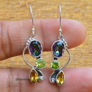 Natural Mystic Topaz Earrings, Citrine Earring, 925 Sterling Silver Earrings,Women's Earrings,Peridot Earring, Boho Earring gemstone earring