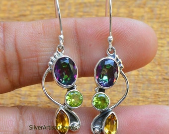 Mystic Topaz Sterling Silver Earrings: Citrine & Peridot Boho Jewelry