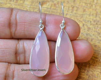 Handmade Sterling Silver Pink Chalcedony Pear Dangle Earrings