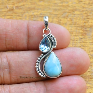 Larimar Pendant,925 Sterling Silver,Blue Topaz With Larimar Pendant Gemstone Pendant,Topaz Pendant, Blue Pendant Oxidized Pendant Jewelry