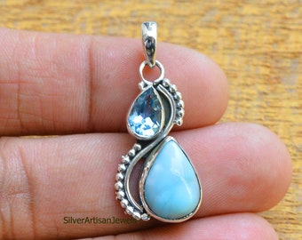 Larimar Pendant,925 Sterling Silver,Blue Topaz With Larimar Pendant Gemstone Pendant,Topaz Pendant, Blue Pendant Oxidized Pendant Jewelry