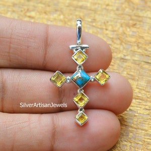 Citrine Cross Pendant, Copper Turquoise Necklace,November Birthstone necklace, 925 SilverJewelry, Citrine crystal,Gemstone God Pendant