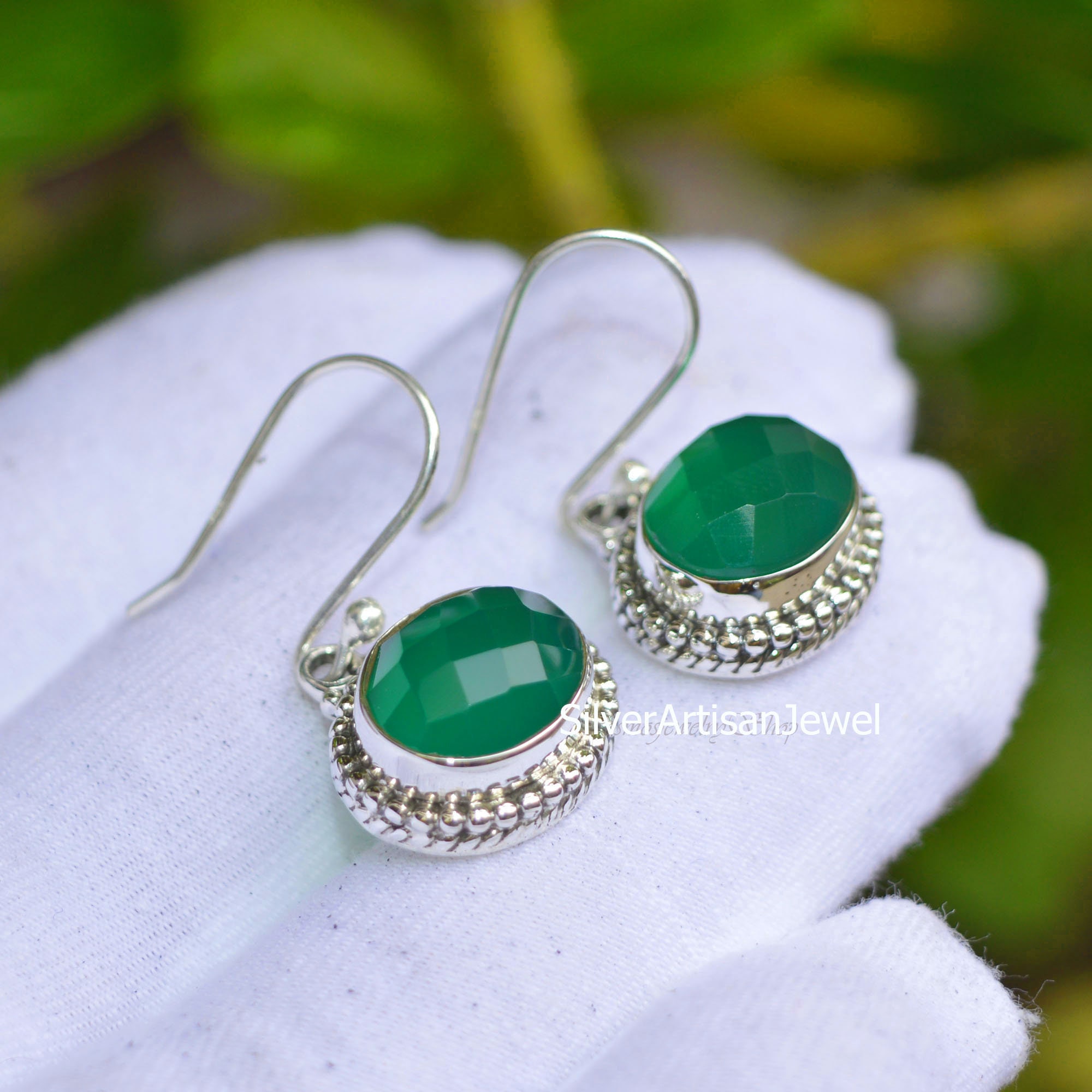 Boucles D'oreilles En Argent 925 Avec Onyx Facetté Et Jade Vert - Dormeuses, Neuf Avec étiquettes