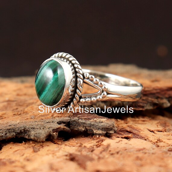 Natural Malachite Ring- Handmade Silver Ring-925 Sterling Silver