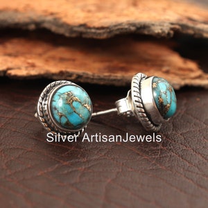 Turquoise Stud Earrings, 925 Sterling Silver Earrings, Blue Turquoise 8x8mm Round Studs, Turquoise Earrings, Studs, Gift For Her,Handmade image 2