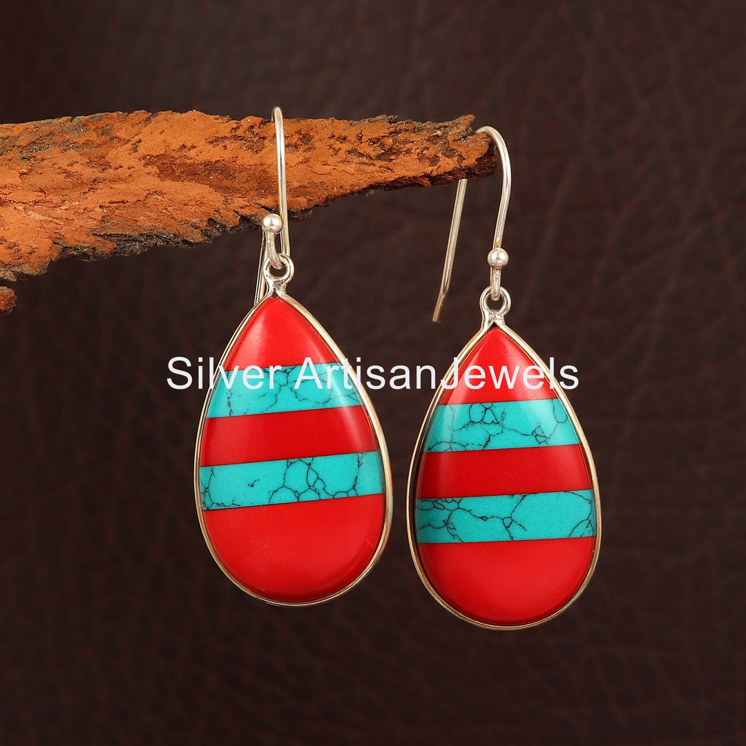 Buy Natural Turquoise With Coral Earring , 925 Sterling Silver Earring