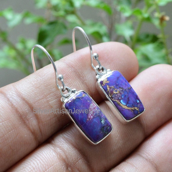 Purple Turquoise Earrings,Copper Turquoise Earring,925 Silver Earrings,Purple Earring, Rectangle Earring,Women's Earrings,Boho Hippi Earring