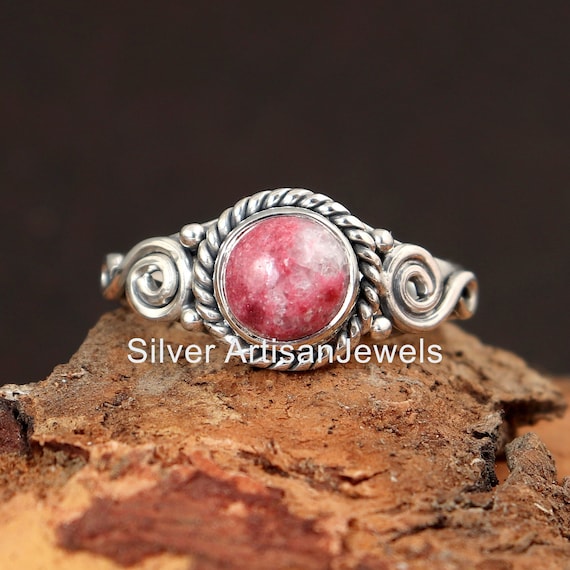 Real Gemstone Ring Pink Thulite Ring Silver Ring 925 Sterling Ring Round Stone Ring Women Gift Ring Silver Dainty Ring Handmade Ring Etsy UK
