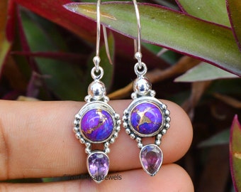 Turquoise Earrings, Amethyst Earring, 925 Sterling Earrings, Purple Earring,Silver Jewelry, Women Gift ,Turquoise Boho Earring, Handmade