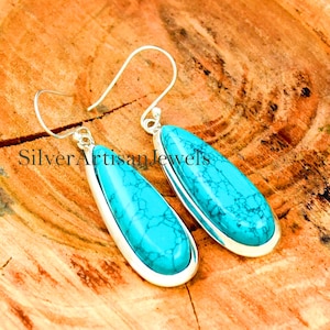 Blue Turquoise Earrings / Long Tear Silver Earrings / Turquoise Dangle Drops Earrings / Unique Earrings / December Birthstone / Gift For Her