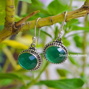 Natural Green Onyx Earring, Solid Silver Earrings,10X12mm Faceted Oval Dangle Earring, Women's Earrings,Green Onyx Jewelry,Boho Earring