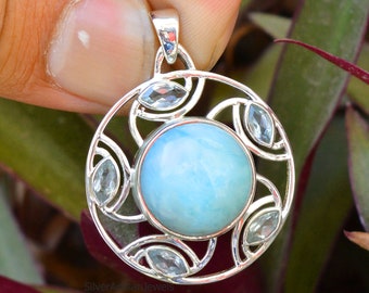 Natural Larimar Pendant, 925 Sterling Silver, Handmade Necklace Pendant, Topaz Pendant , Larimar Necklace , Silver Pendant, Gemstone Pendant