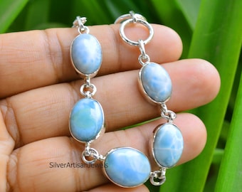 Pulsera de larimar en plata de ley, piedra preciosa ajustable