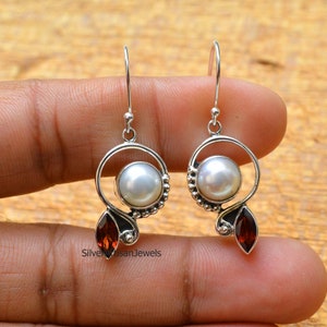 Natural Fresh Water Pearl With Garnet Earring,925 Sterling silver Earring Handmade Earring,Hook Earring,Women Earring, Festival Earring