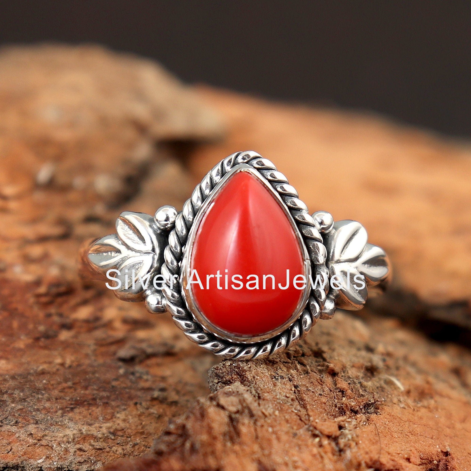 Red Coral Ring Gemstone Ring 925 Solid Silver Ring Red Coral
