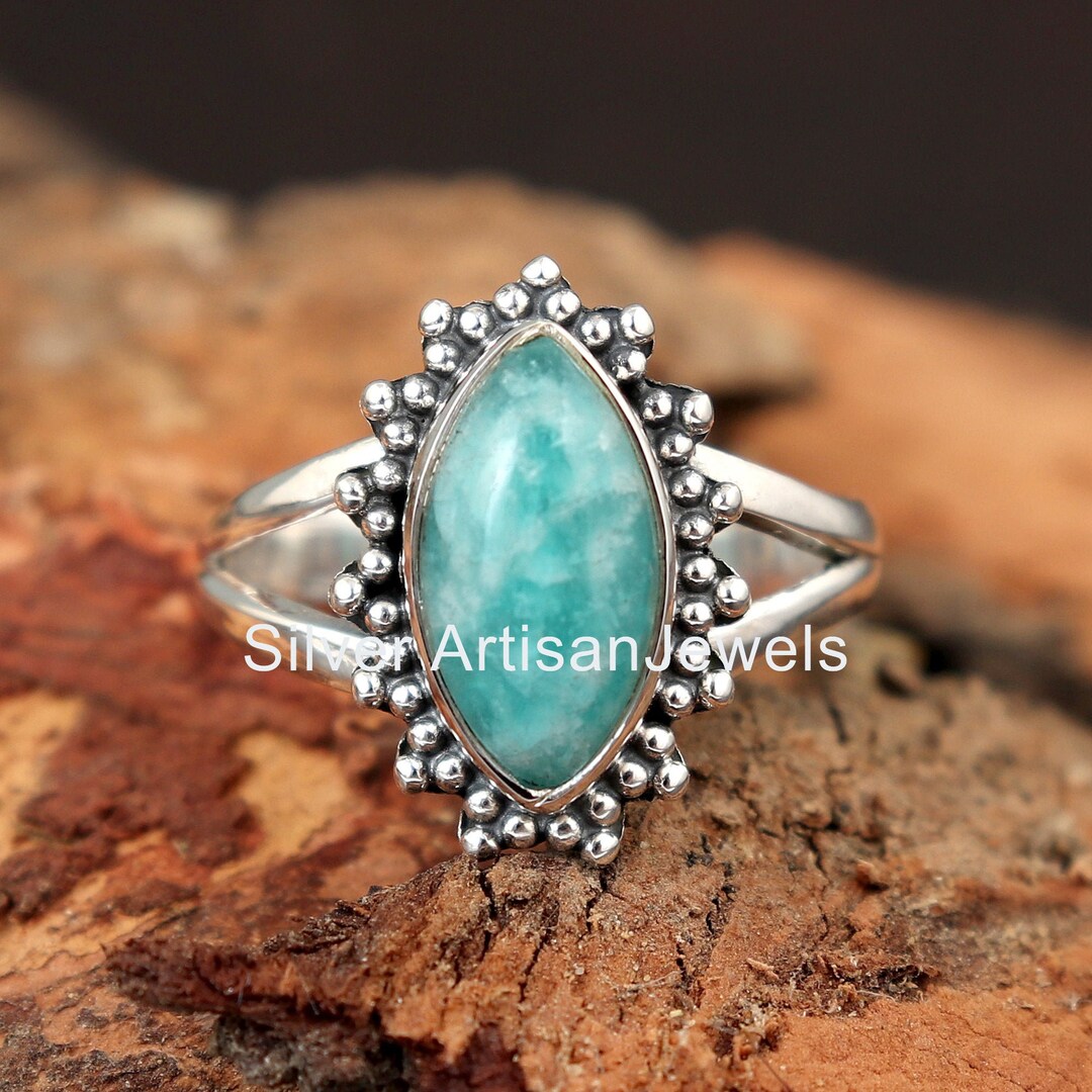 Genuine Amazonite Ring, Blue Amazonite Ring, Sterling Silver Ring, Boho ...