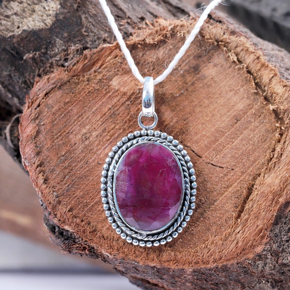 Handmade Pink Ruby Pendant: Oval Boho 925 Sterling Silver Necklace