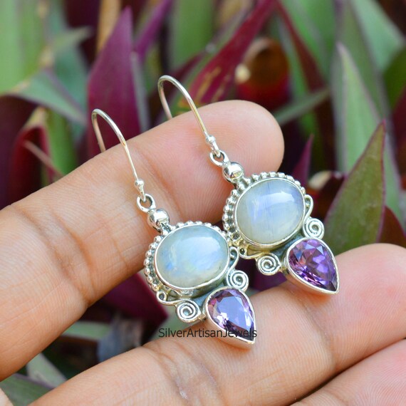 925 Silver Plated Mens Womens Jewelry Blue Fire RAINBOW MOONSTONE Earrings Pair 