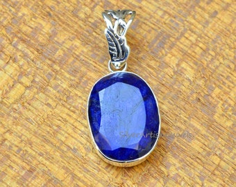 Blue Sapphire Pendant, Sterling Silver Pendant, Synthetic Sapphire 18x25mm Oval Faceted Gemstone Pendant, Silver Pendant, Handmade Pendant